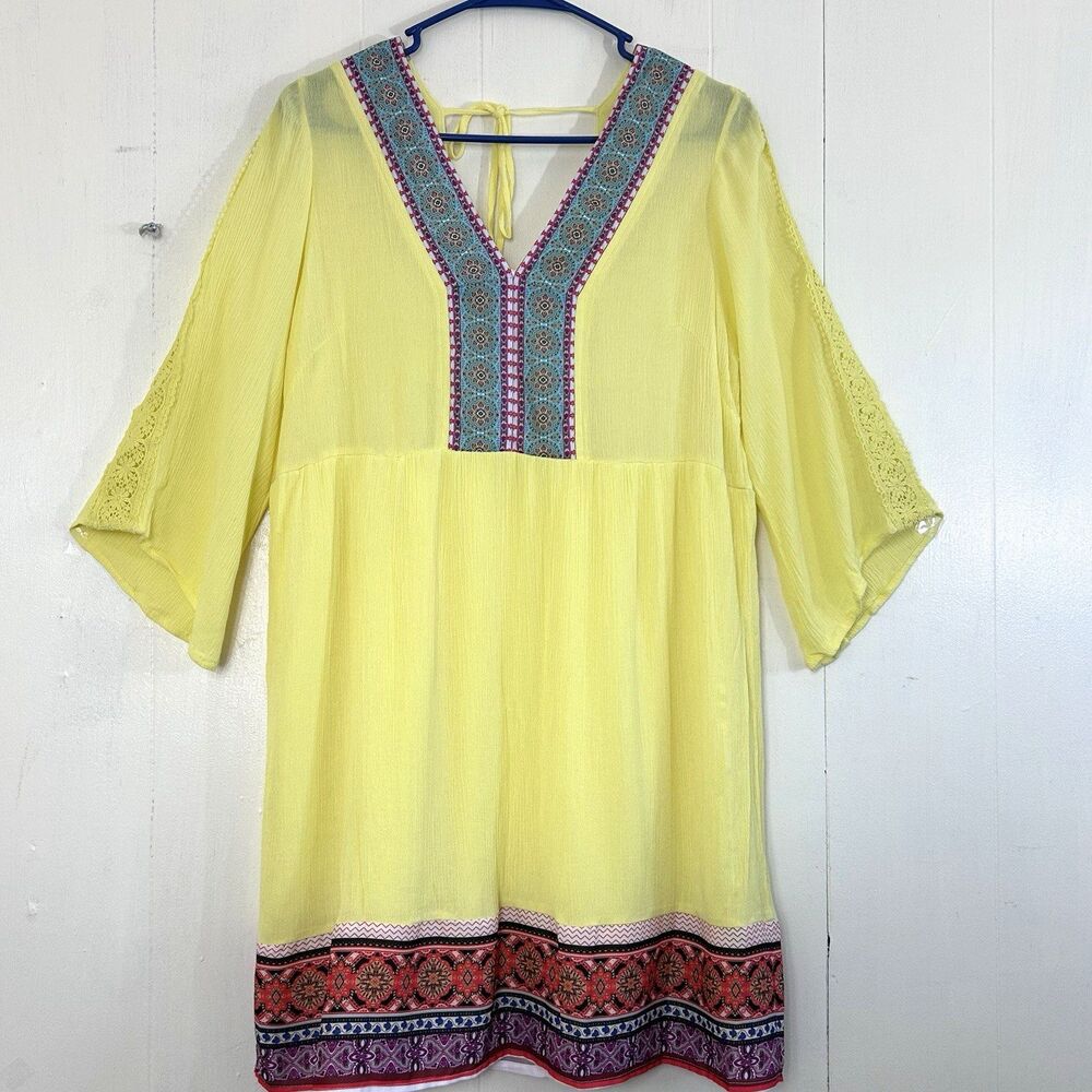 White Mark Dress Size M Yellow Boho Mini Dress Bohemian Bell Sleeves
